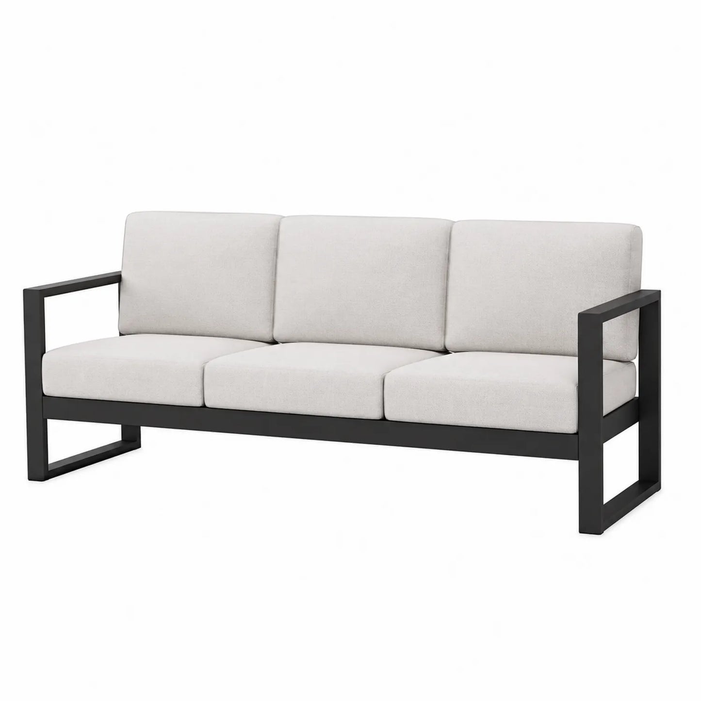 Sofá de aluminio para exterior con cojines blancos, 3 plazas
