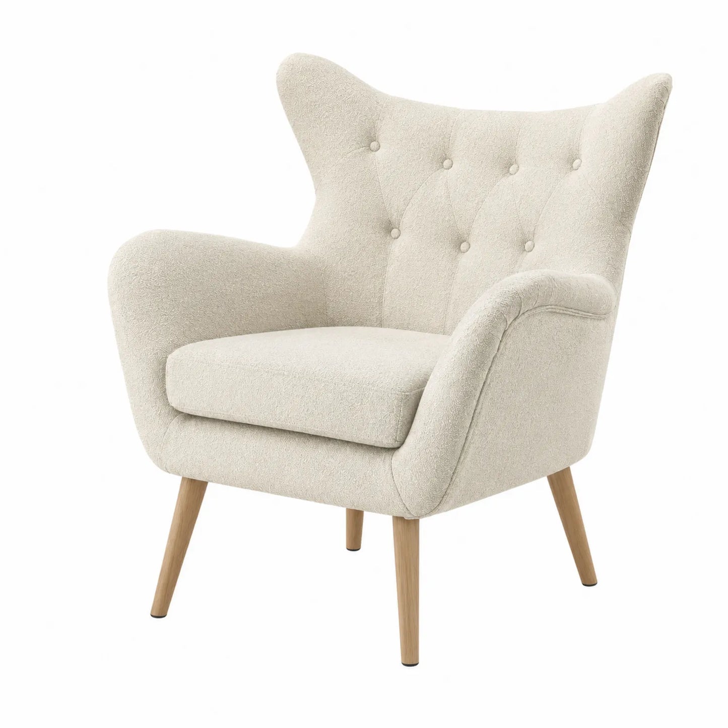 Sillón de tela crema con patas de madera maciza