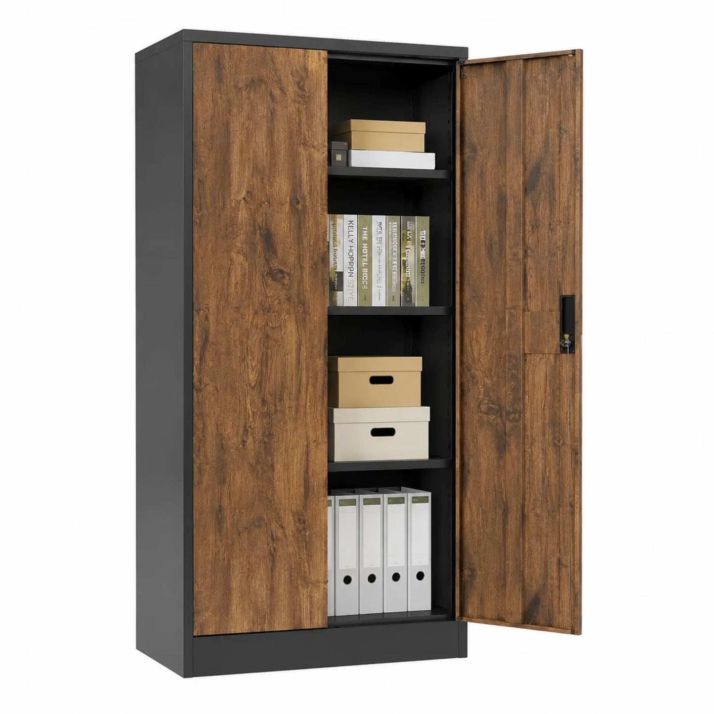 Armario archivador de acero negro y paneles de madera con estantes 190x90x40 cm