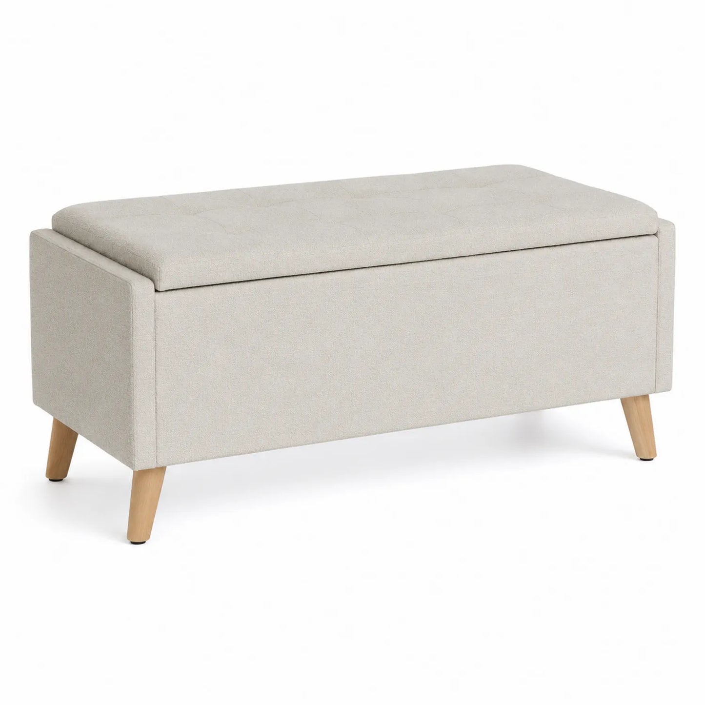 Banco de almacenamiento de tela de poliéster beige con patas de madera de haya
