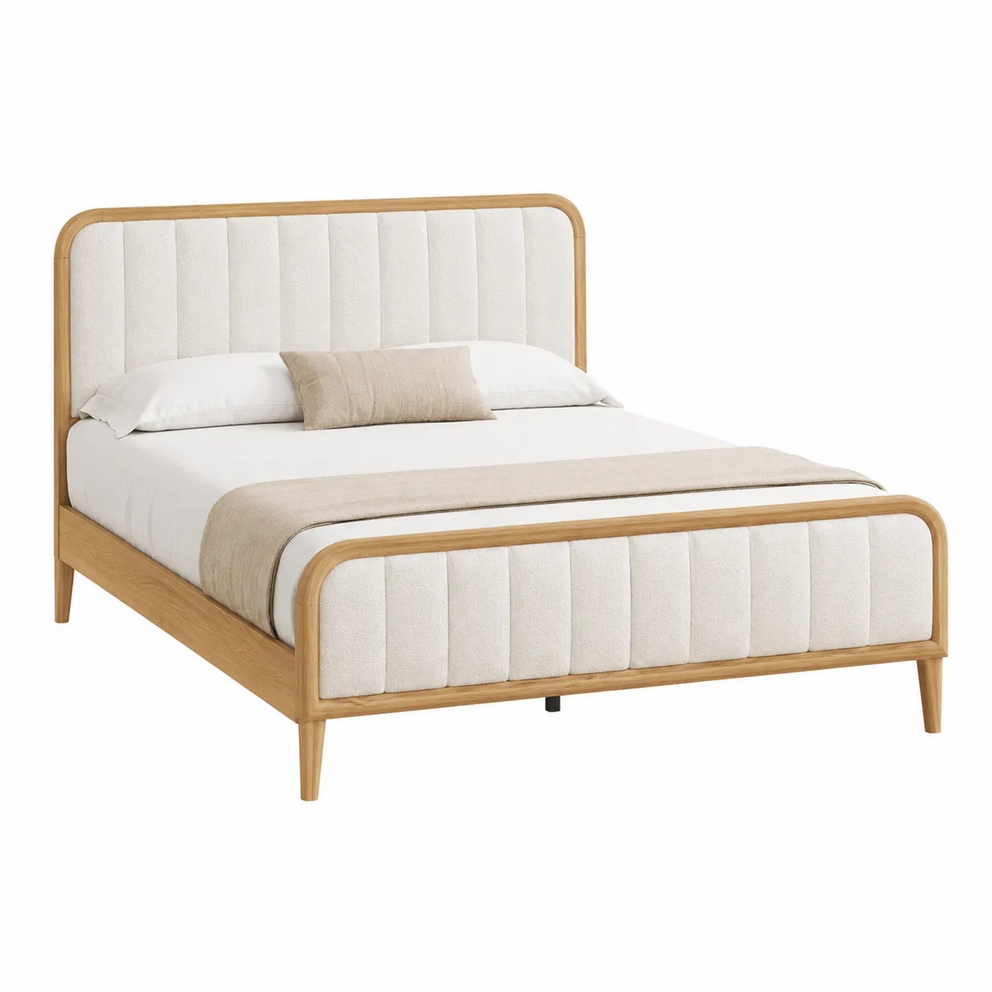 Cama doble de madera y tela beige 200x160 cm