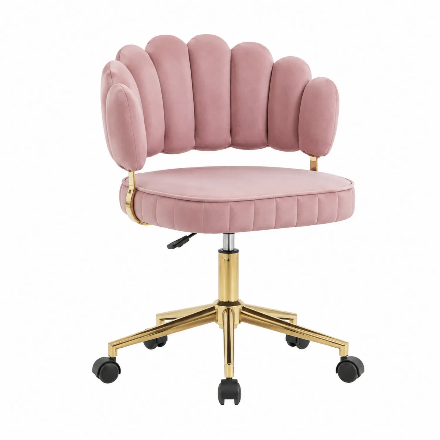 Silla giratoria de terciopelo rosa con base de acero dorado