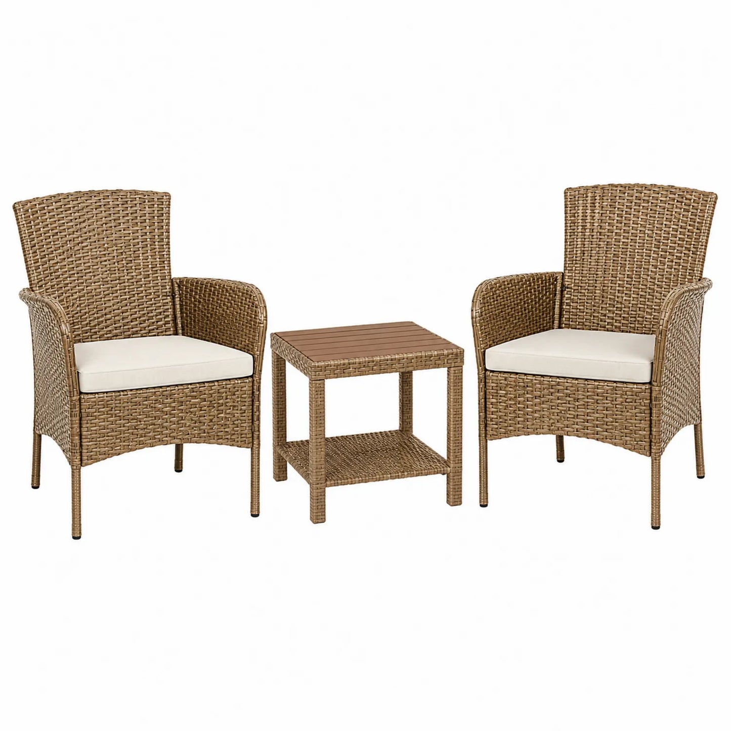 Conjunto de ratán sintético marrón con cojines beige para exterior