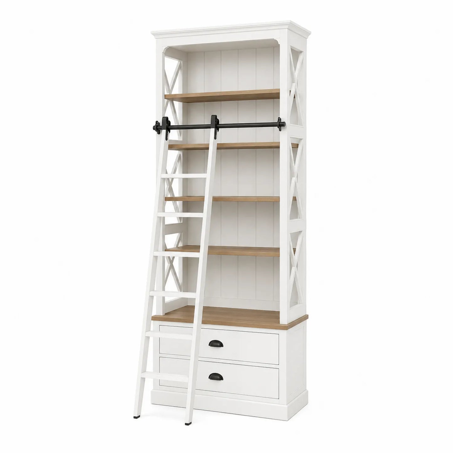 Estantería alta de madera blanca con escalera