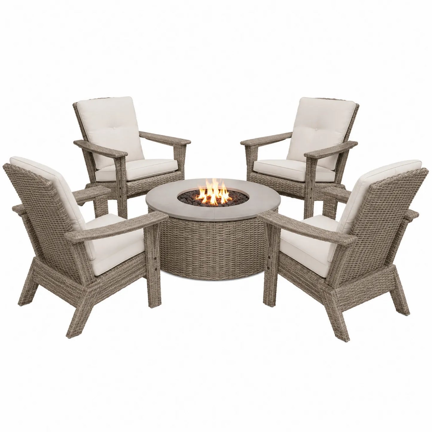 Conjunto de muebles de exterior de resina trenzada con sillas Adirondack y mesa de fuego redonda, beige