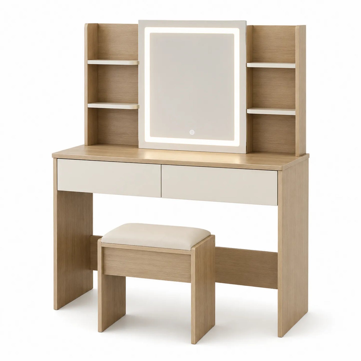 Tocador de Madera con Espejo LED y Taburete Beige