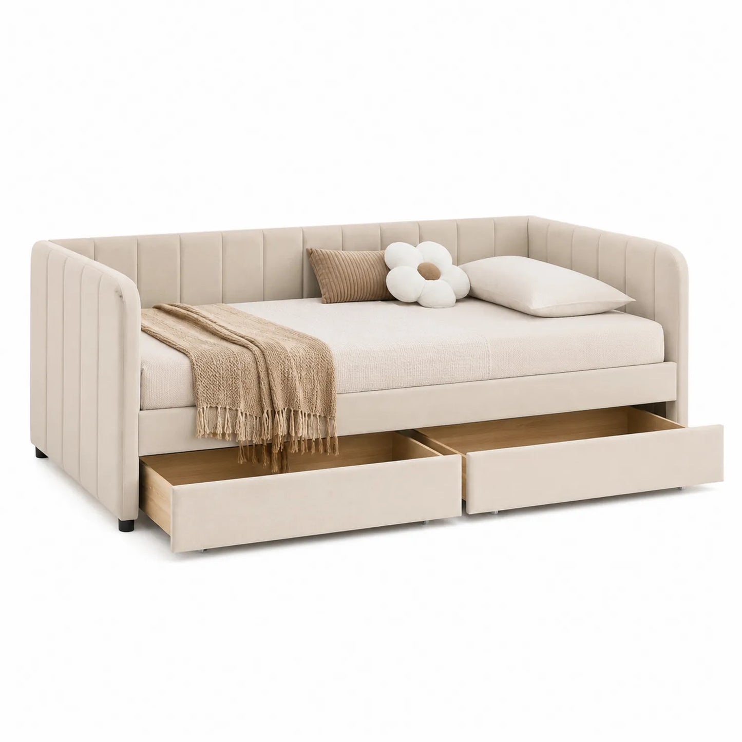 Sofá cama con cajones tela de poliéster Beige 200x90 cm