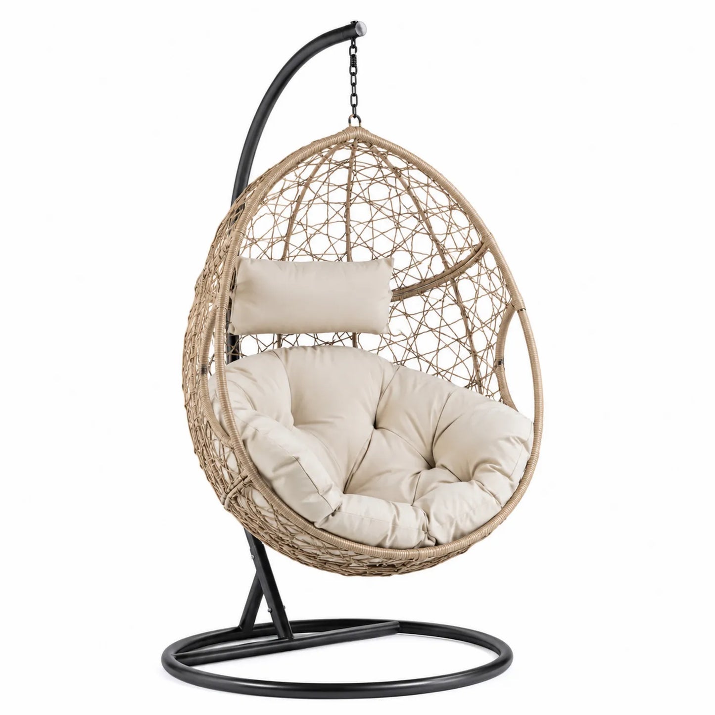 Silla colgante de ratán sintético con cojín beige y soporte metálico