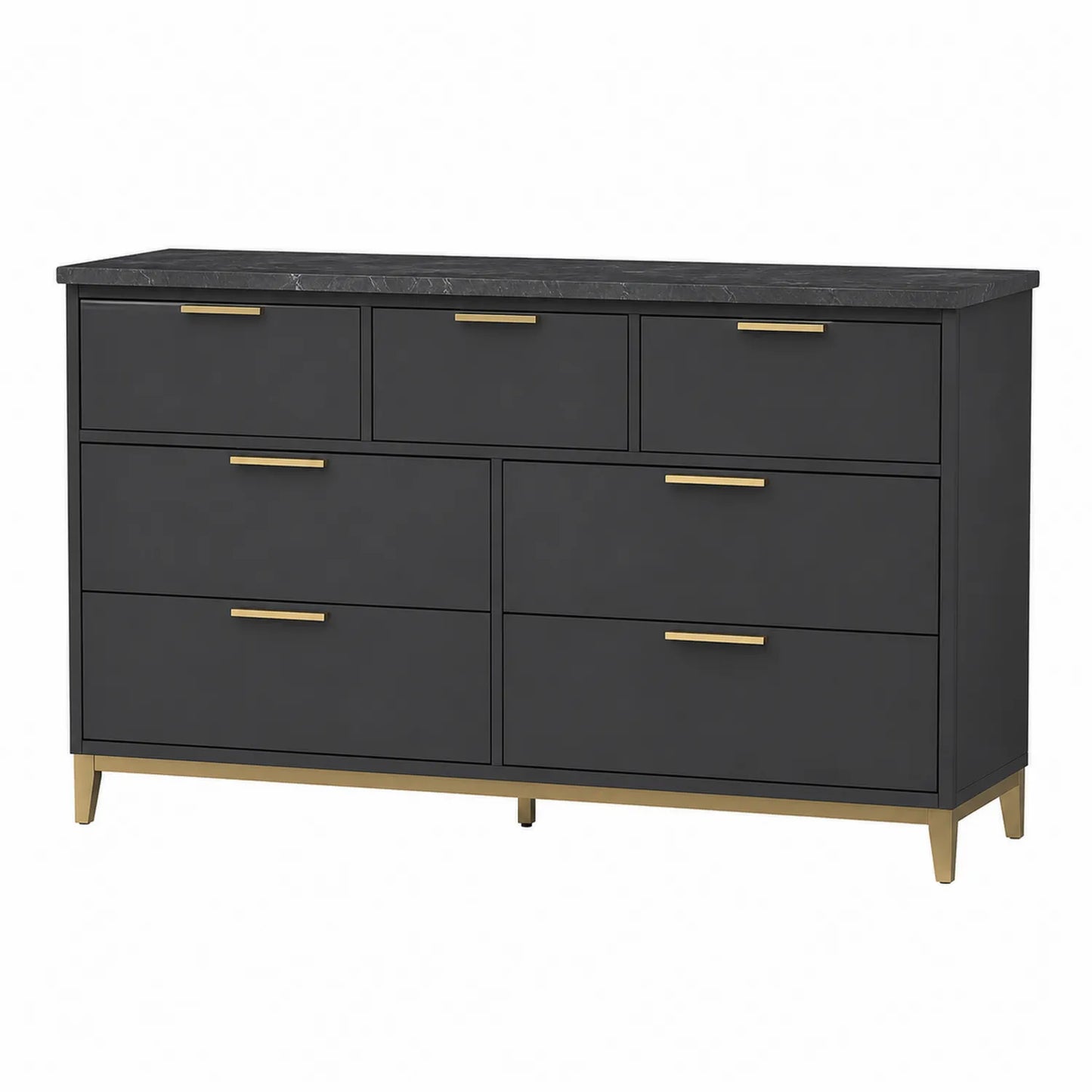 Cómoda de Madera con Superficie de Mármol Negro y 7 Cajones