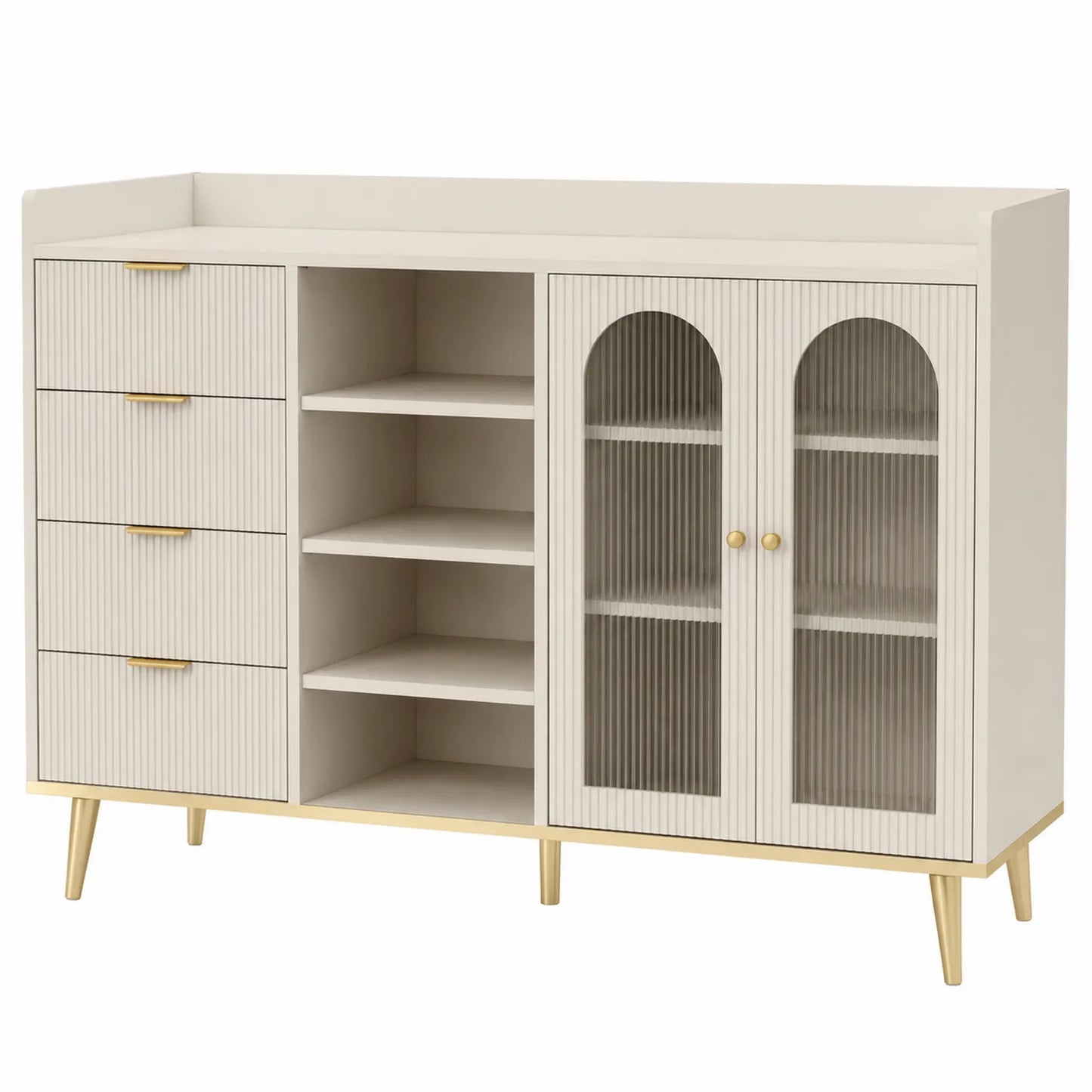 Aparador de madera MDF con puertas de vidrio y cajones, blanco y dorado, 120x40x80 cm