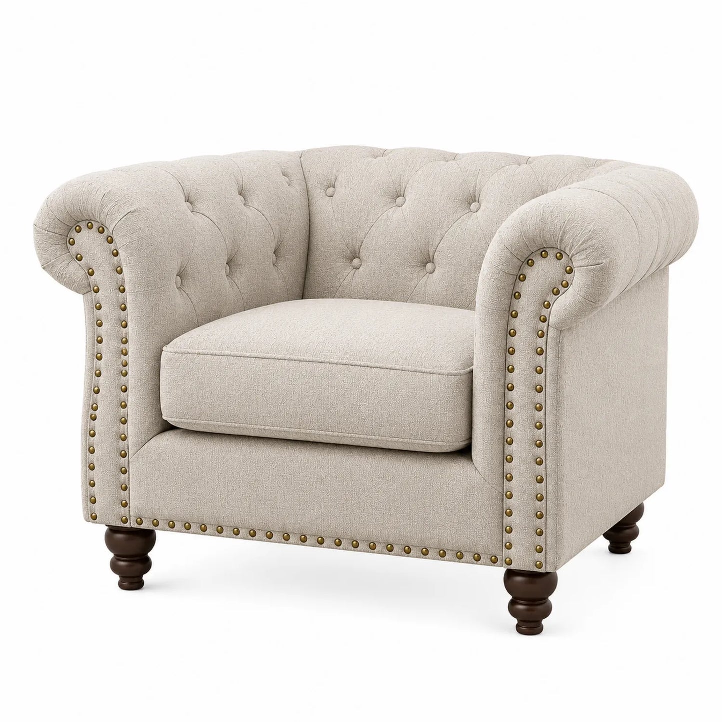 Sofá individual de lino beige con tachuelas y patas de madera