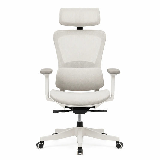 Silla ergonómica de oficina con respaldo de malla y reposacabezas ajustable, Gris Claro
