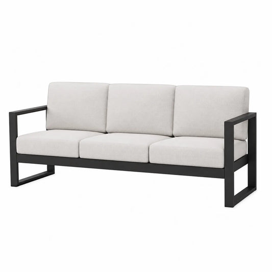 Sofá de aluminio para exterior con cojines blancos, 3 plazas