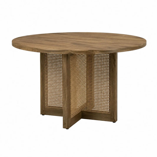 Mesa de comedor redonda de madera de teca y ratán