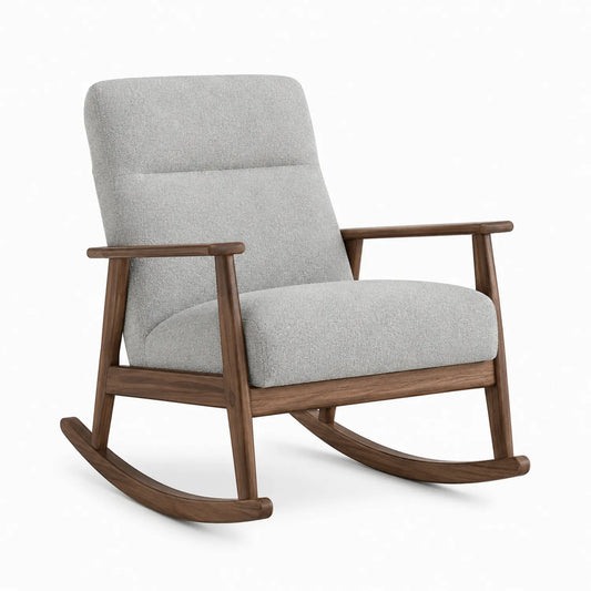 Silla mecedora de madera maciza con cojín de poliéster gris claro