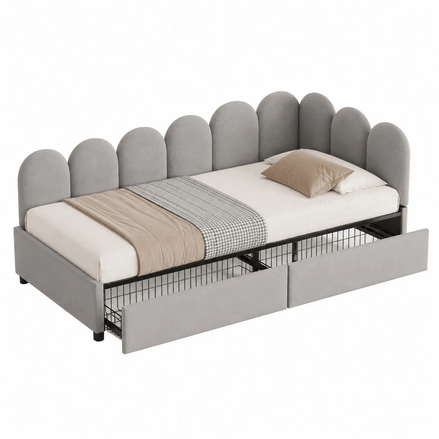 Cama individual con cabecera acolchada gris con almacenamiento