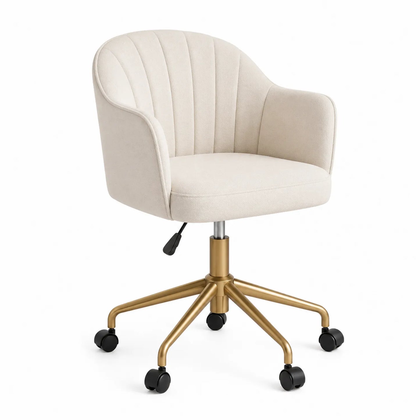 Silla de oficina giratoria de tela beige con base metálica dorada