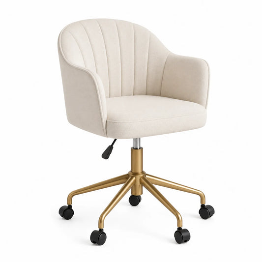 Silla de oficina giratoria de tela beige con base metálica dorada
