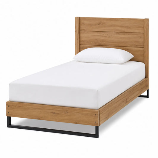 Cama individual de madera de roble y metal negro