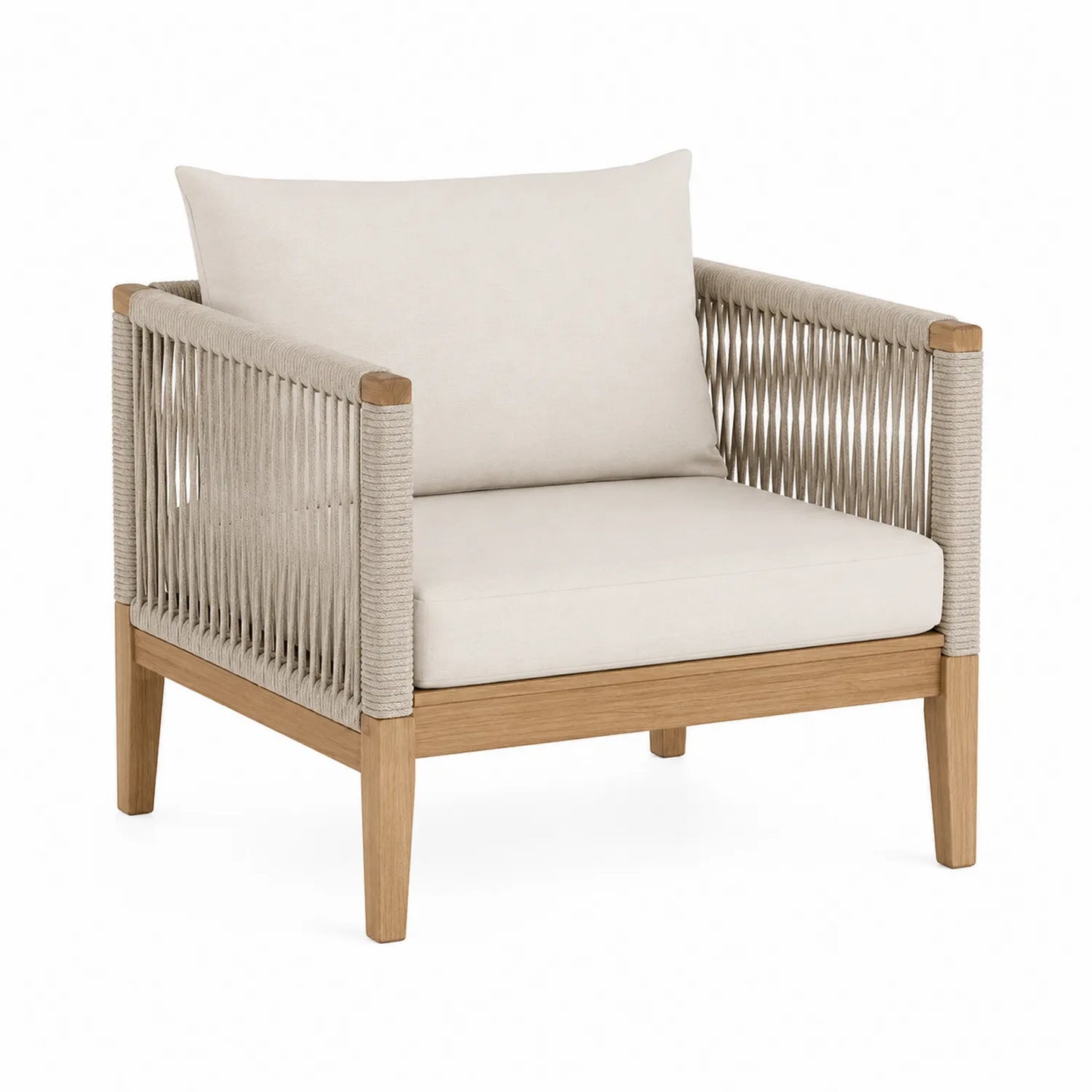 Sillón de exterior de madera y cuerda con cojín beige