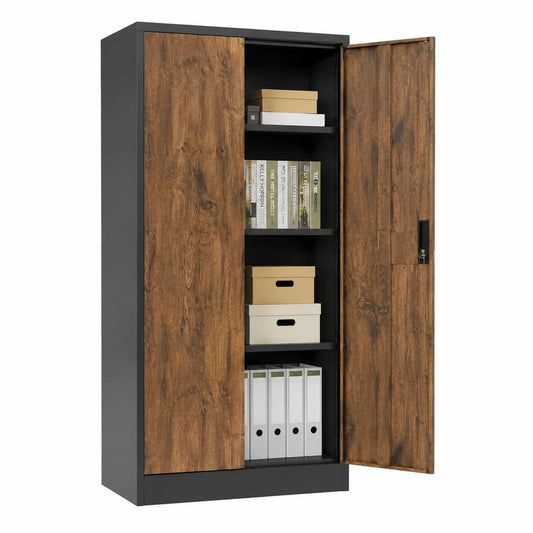 Armario archivador de acero negro y paneles de madera con estantes 190x90x40 cm
