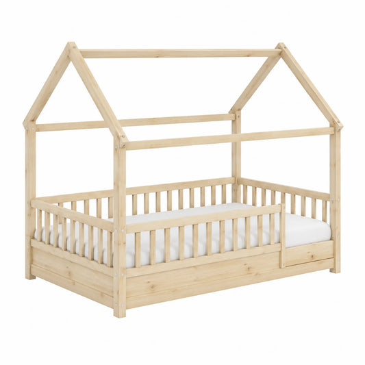 Cama infantil de madera de pino forma de casa 90x200 cm Natural