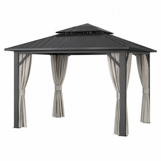 Gazebo de Aluminio con Techo de Acero Galvanizado y Cortinas de Poliéster 3x3 m
