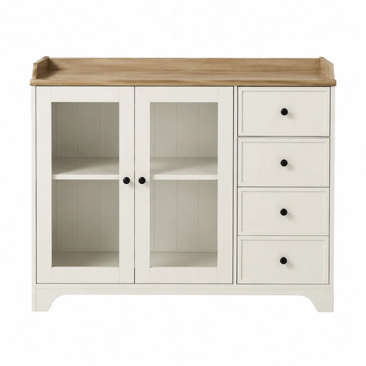 Cajonera de madera con puertas de vidrio templado y cajones 90x40x85 cm Blanco y Roble