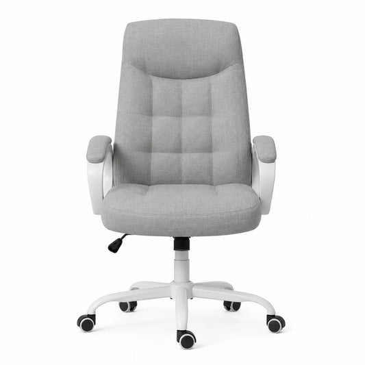 Silla de Oficina con Tejido de Poliéster Gris y Base Giratoria Blanca