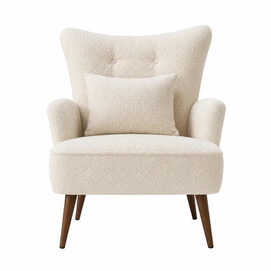 Silla de bouclé beige con cojín y patas de madera