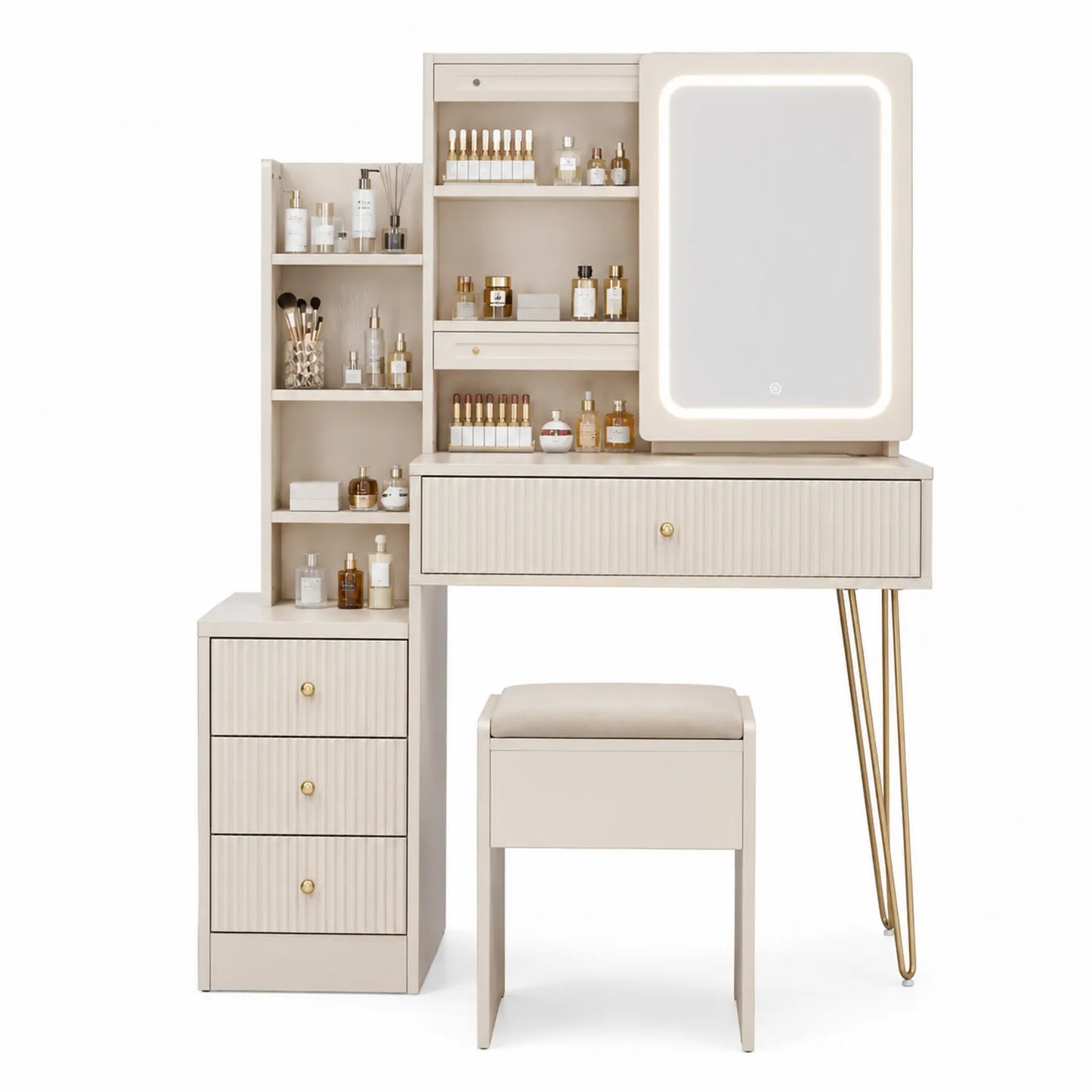 Tocador de Madera con Espejo LED y Taburete Beige