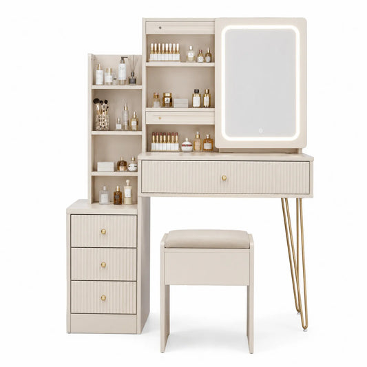 Tocador de Madera con Espejo LED y Taburete Beige
