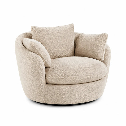 Sillón Giratorio Redondo de Tela Beige 100cm