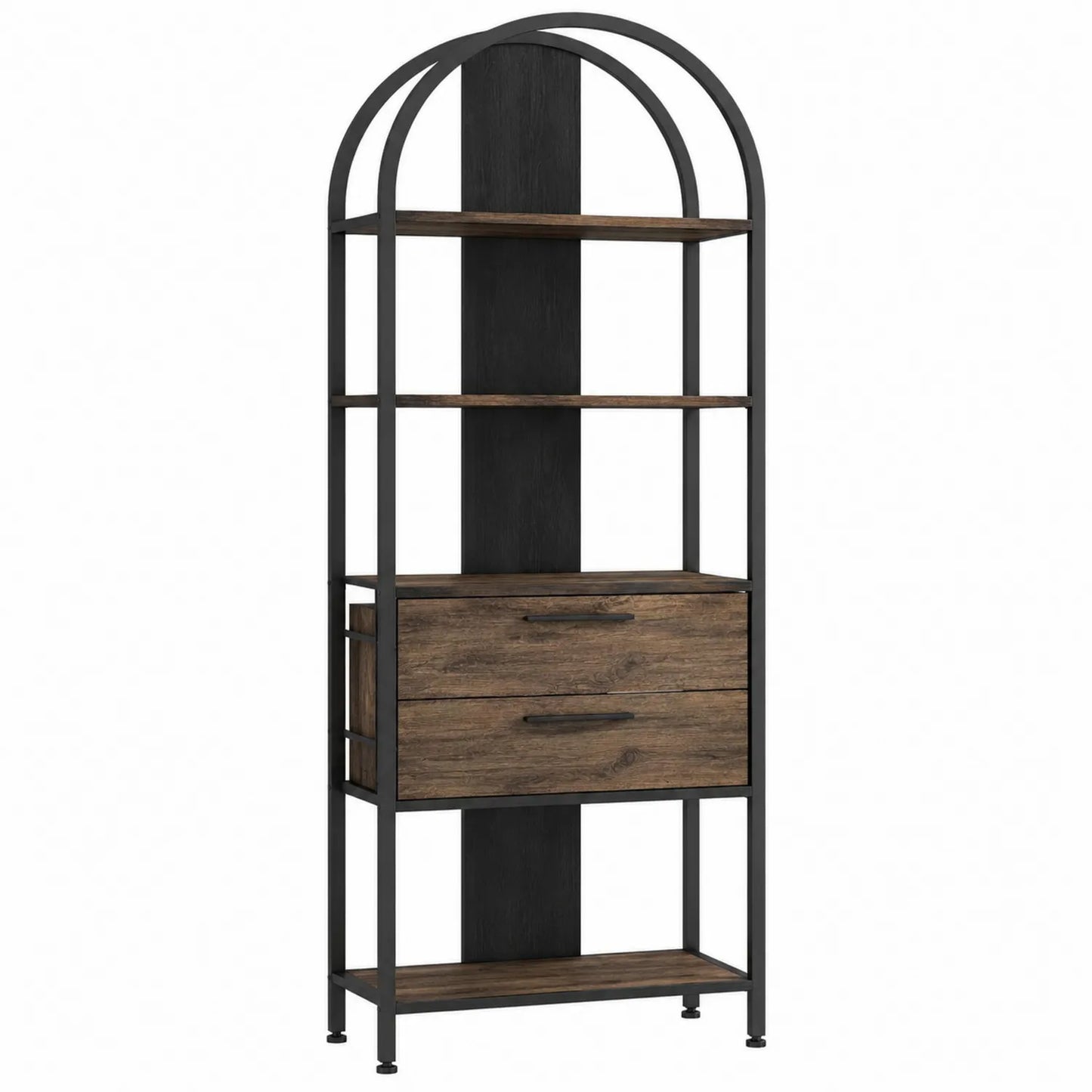 Estantería arqueada de madera y metal con cajones