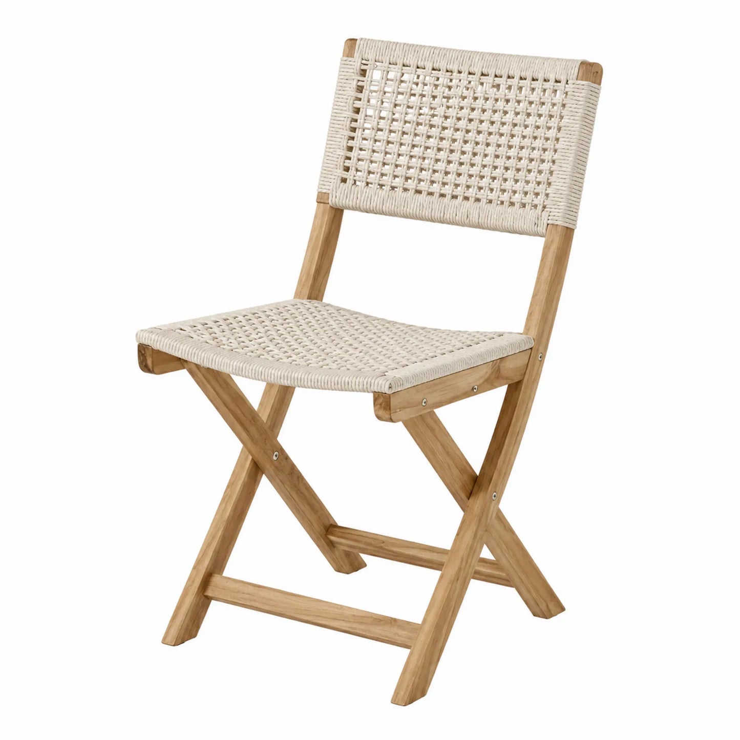 Silla plegable de madera de teca y cuerda sintética beige