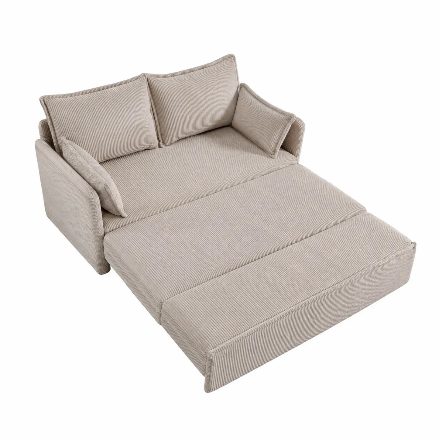 Sofá cama plegable de pana beige con cojines