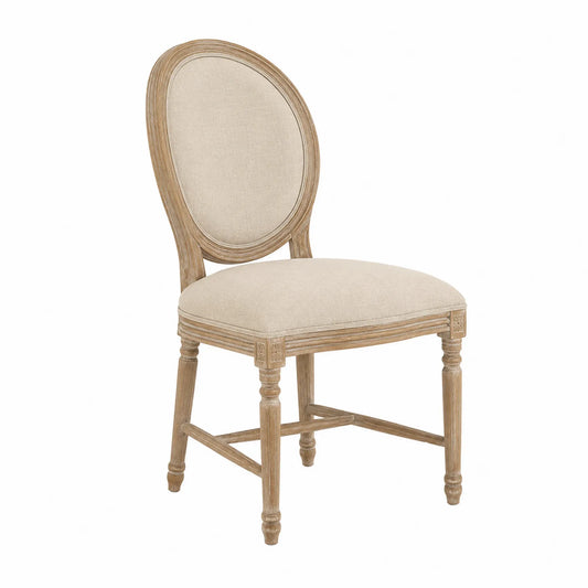 Silla de lino beige con estructura de madera