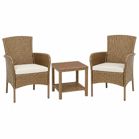 Conjunto de ratán sintético marrón con cojines beige para exterior