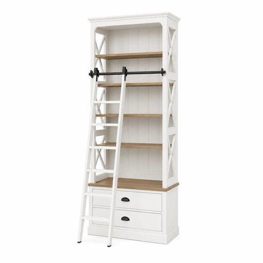 Estantería alta de madera blanca con escalera