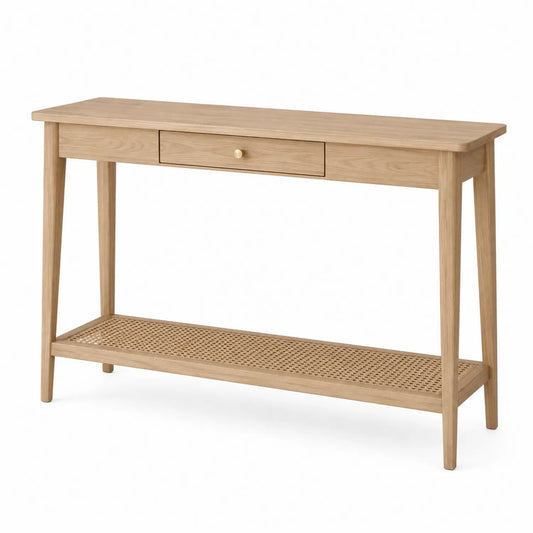 Mesa consola de madera de roble con estante de ratán y cajón 120x35x80 cm