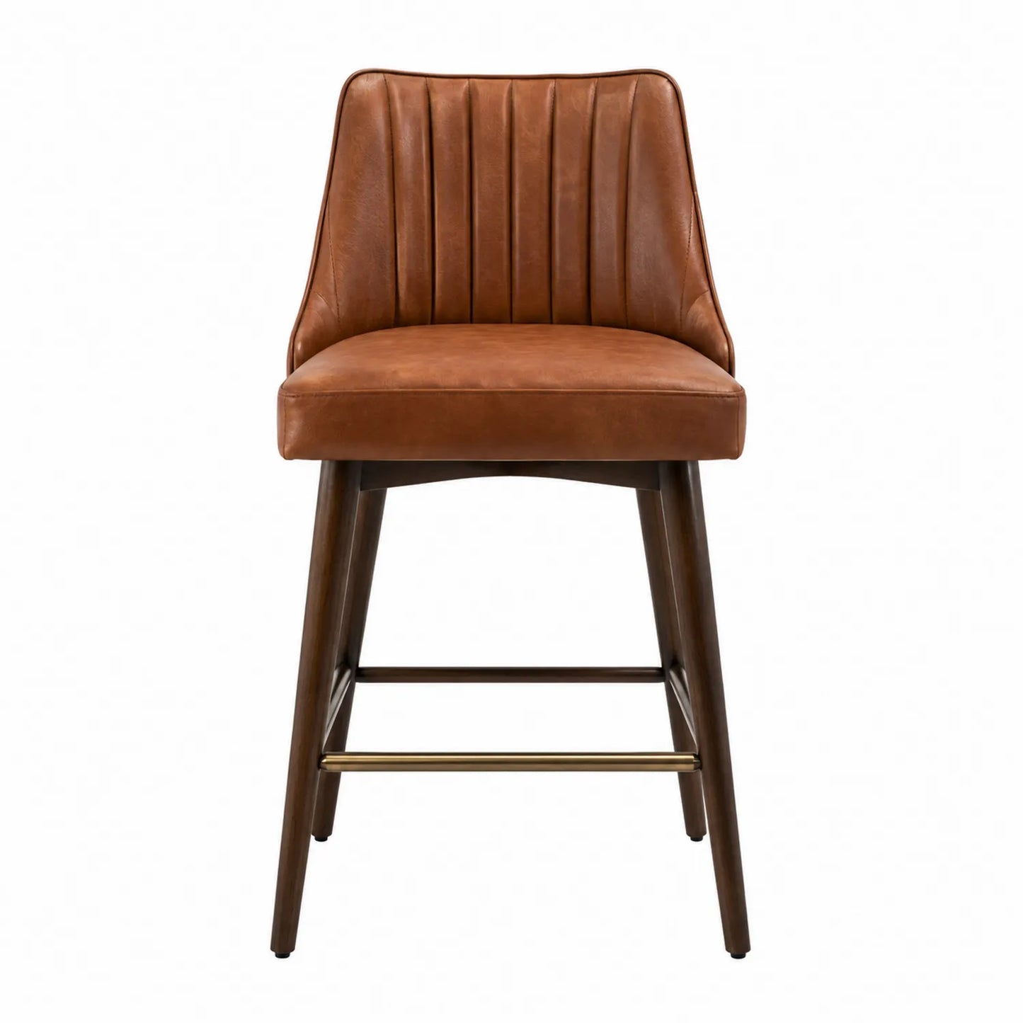 Silla de cuero marrón con patas de madera y reposapiés de metal
