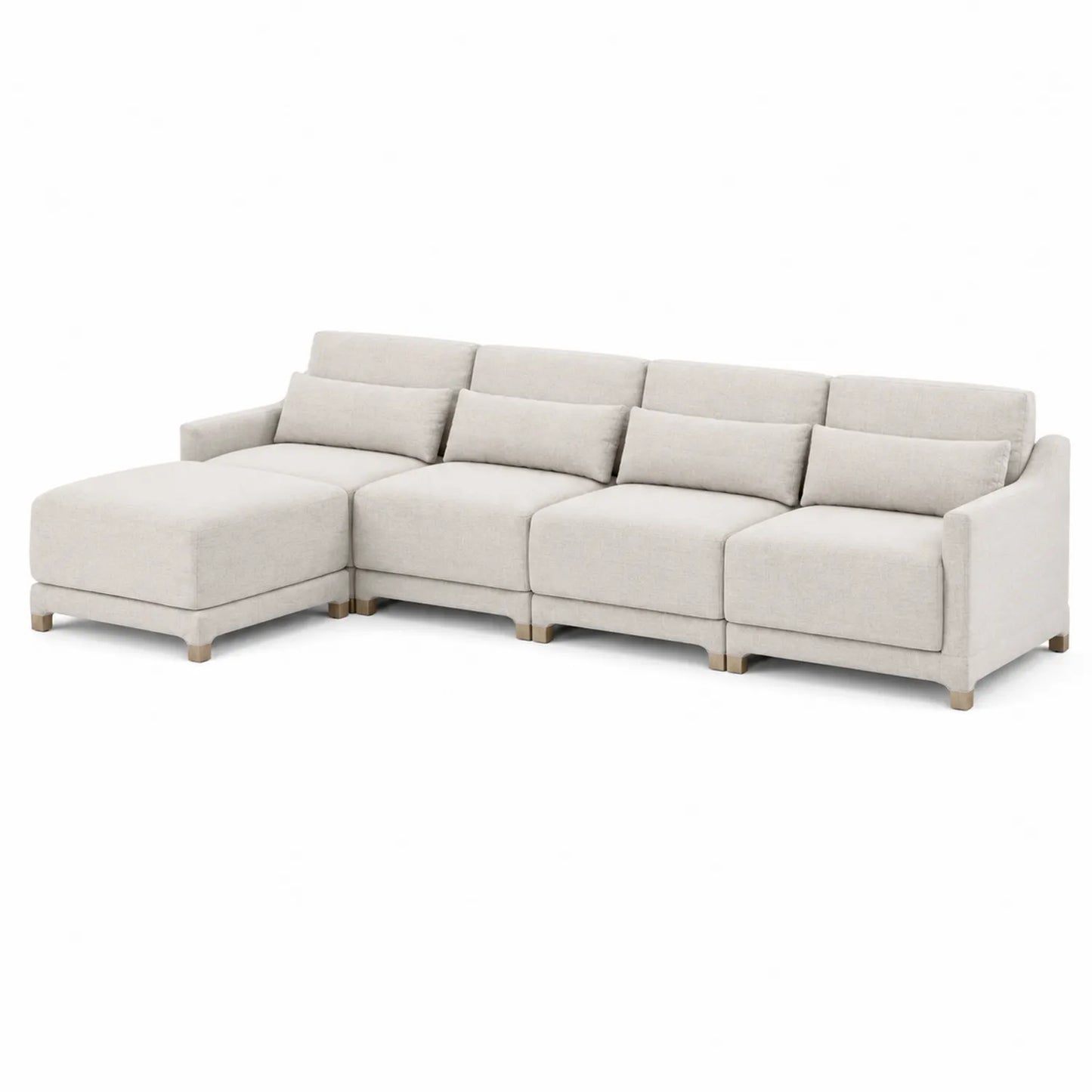Sofá modular en L de tela beige con chaise longue