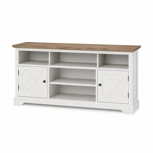 Mueble de TV de madera con estantes abiertos y puertas, 150x40x80 cm