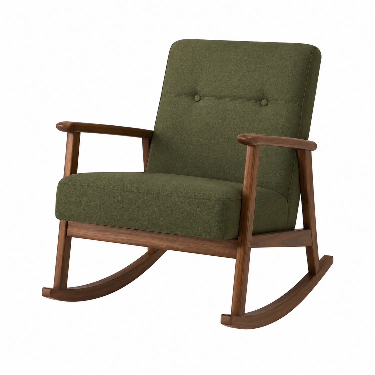 Silla mecedora de tela poliéster verde con estructura de madera de nogal