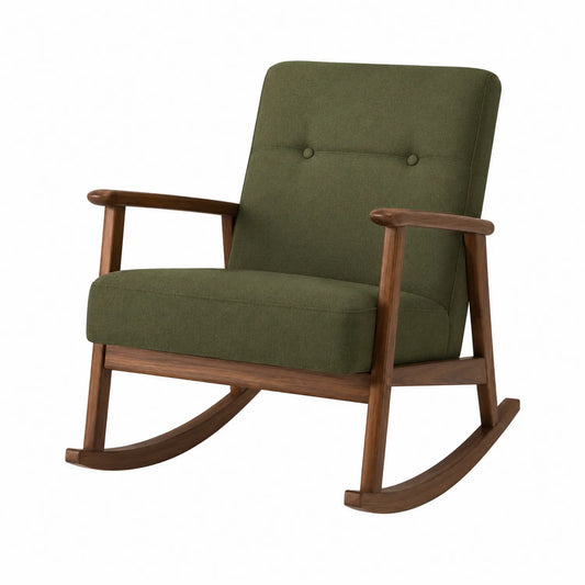 Silla mecedora de tela poliéster verde con estructura de madera de nogal