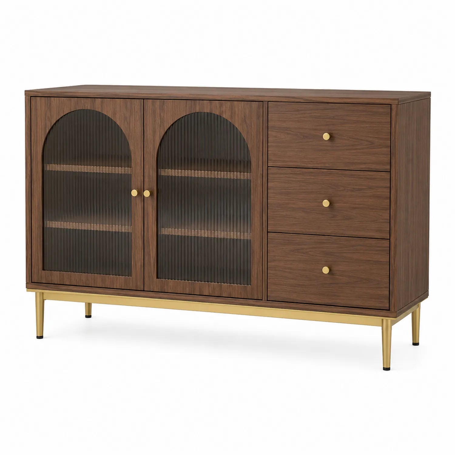 Aparador de madera de nogal con puertas de vidrio acanalado y tres cajones