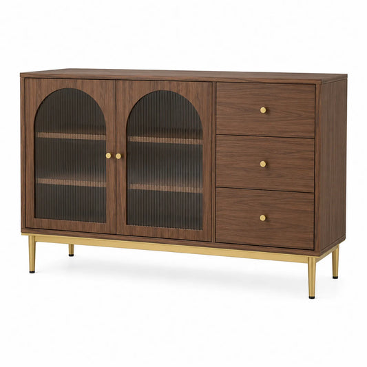 Aparador de madera de nogal con puertas de vidrio acanalado y tres cajones