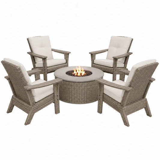Conjunto de muebles de exterior de resina trenzada con sillas Adirondack y mesa de fuego redonda, beige