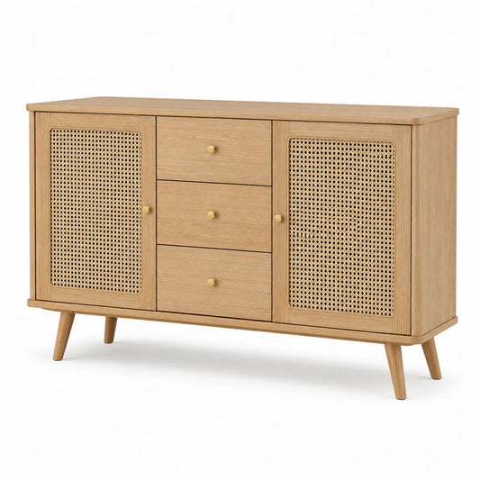 Aparador de madera y ratán con puertas de rejilla y 3 cajones 120x40x80 cm