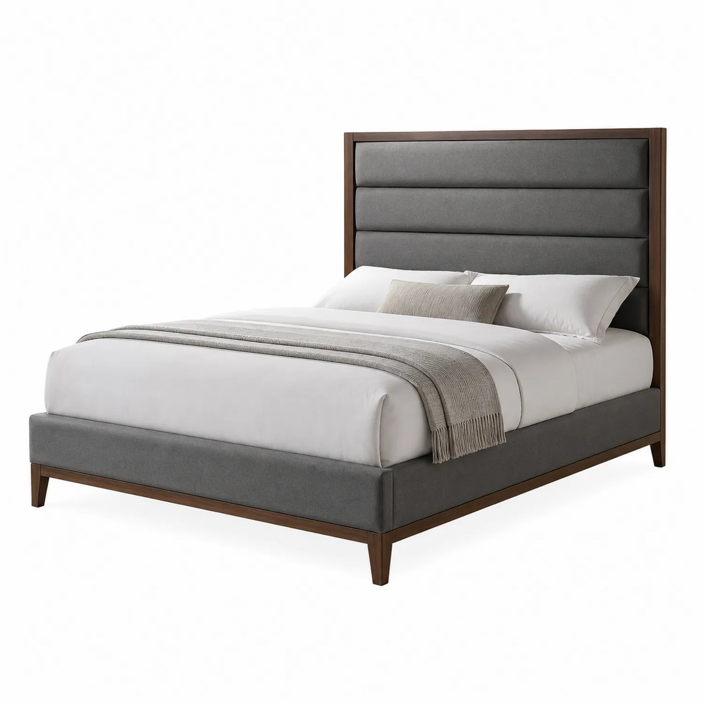 Cama de matrimonio tapizada en poliéster gris con cabecero acolchado y estructura de madera de nogal 200x160 cm